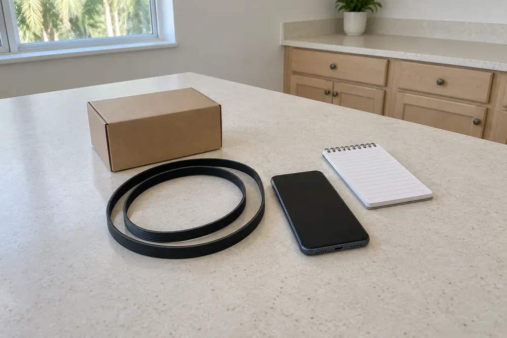 Coiled dryer belt beside a parts box, phone and blank notepad on a kitchen counter