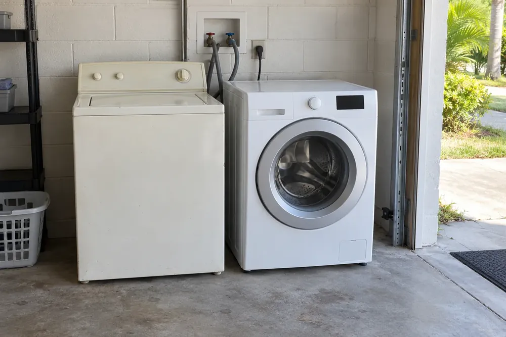 Older white top-load washer beside a newer front-load washer in a bright garage laundry corner