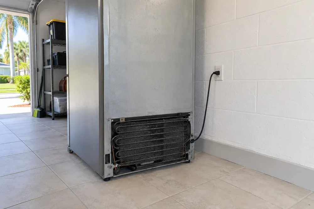 Dusty black condenser coils at the back of a refrigerator in a bright garage