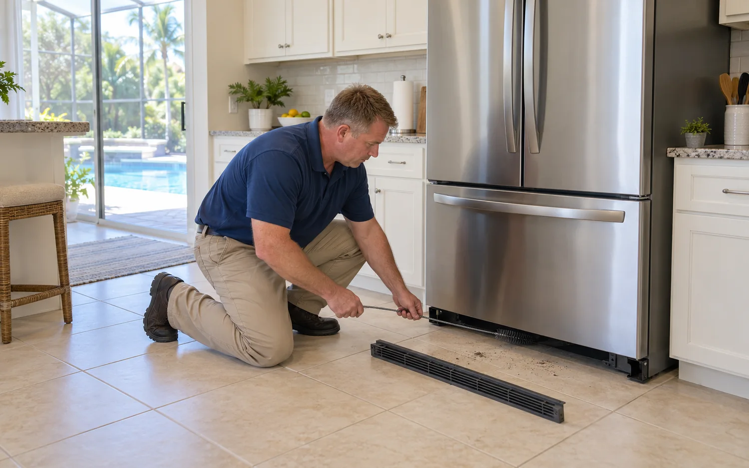 Technician brushing condenser coils beneath a refrigerator with its kick plate removed