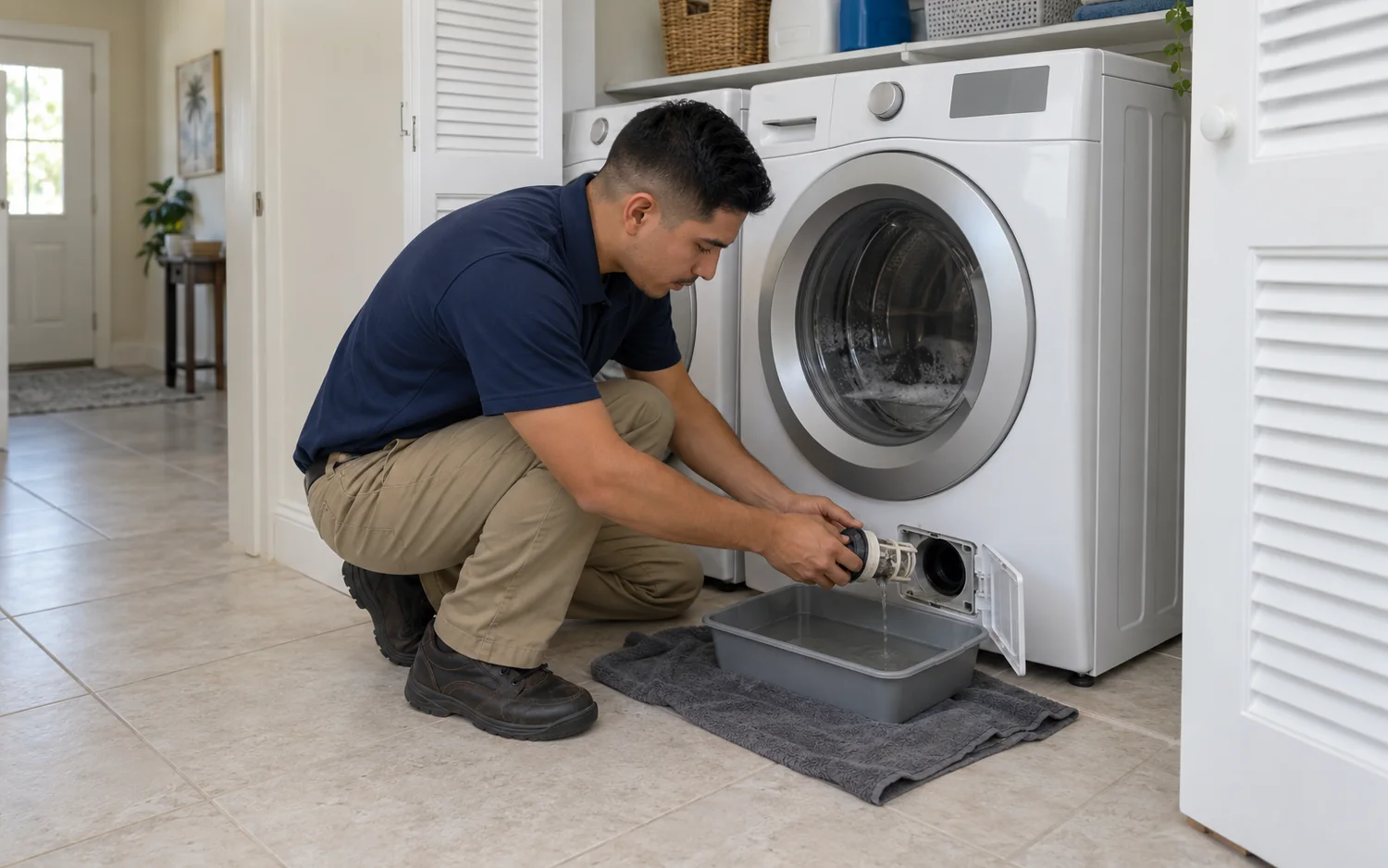 Technician opening a front-load washer pump filter above a shallow catch pan