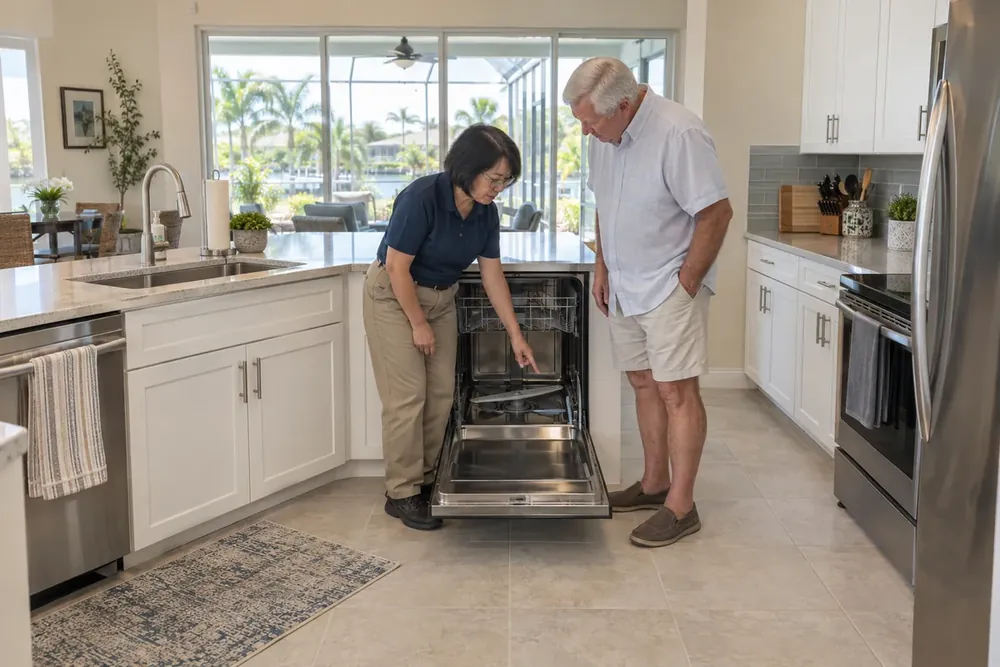 Technician pointing to a dishwasher spray arm while a homeowner listens nearby