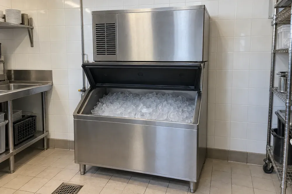 Commercial ice machine above a stainless storage bin with its door raised to reveal ice