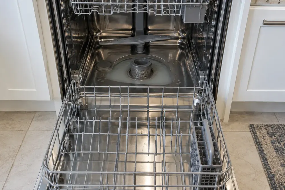 Cloudy water pooled around the round filter in an open dishwasher tub, lower rack pulled out