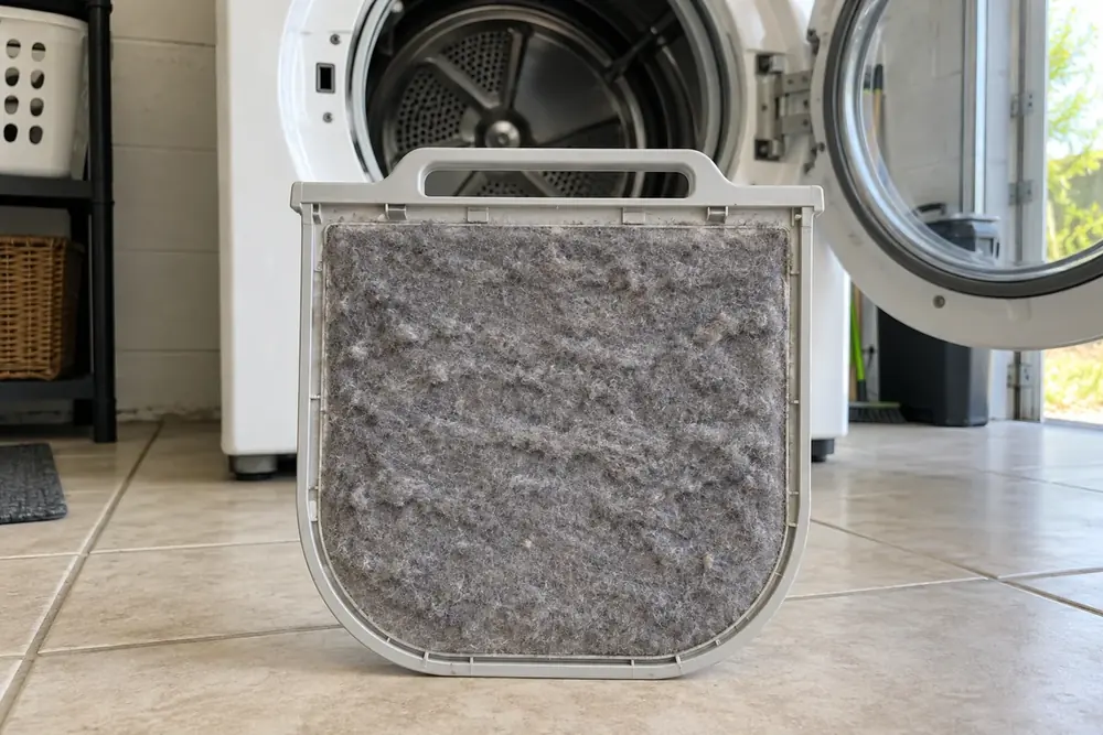 Dryer lint screen thick with grey lint in front of an open dryer in a garage