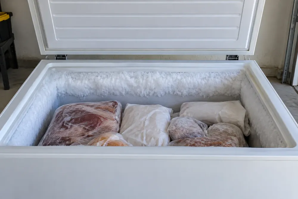 Thick frost beneath the rim of an open chest freezer above wrapped food packages