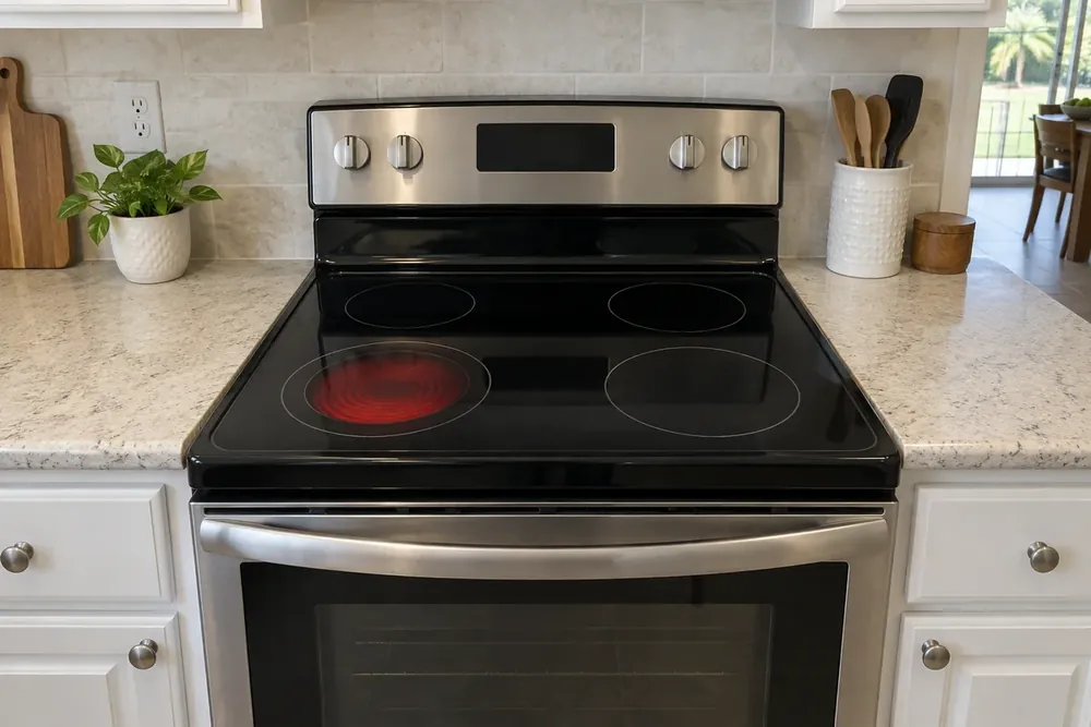 Glass electric cooktop with one burner zone glowing red and three dark zones