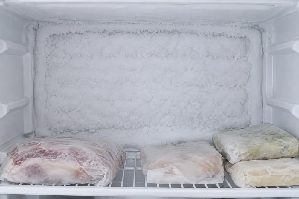 Thick white frost covering a freezer's rear panel above wrapped food packages