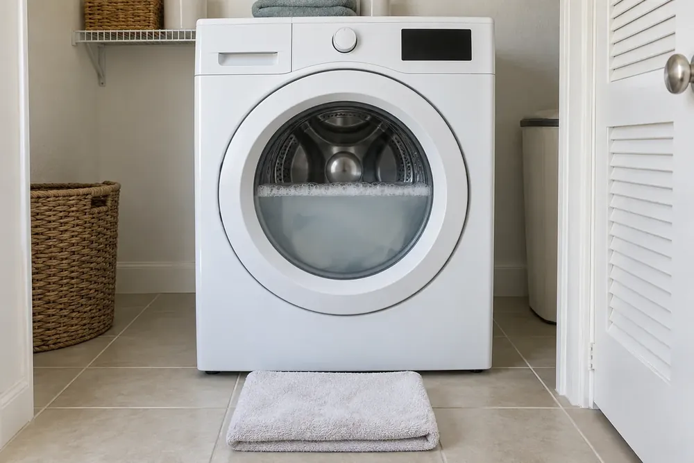 Soapy water halfway up a closed front-load washer door, with a towel on the tile
