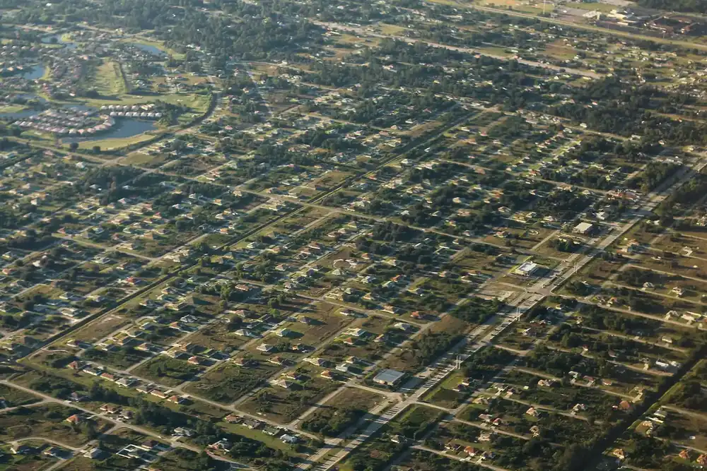 Aerial view of Lehigh Acres, Florida, showing its long grid of residential streets