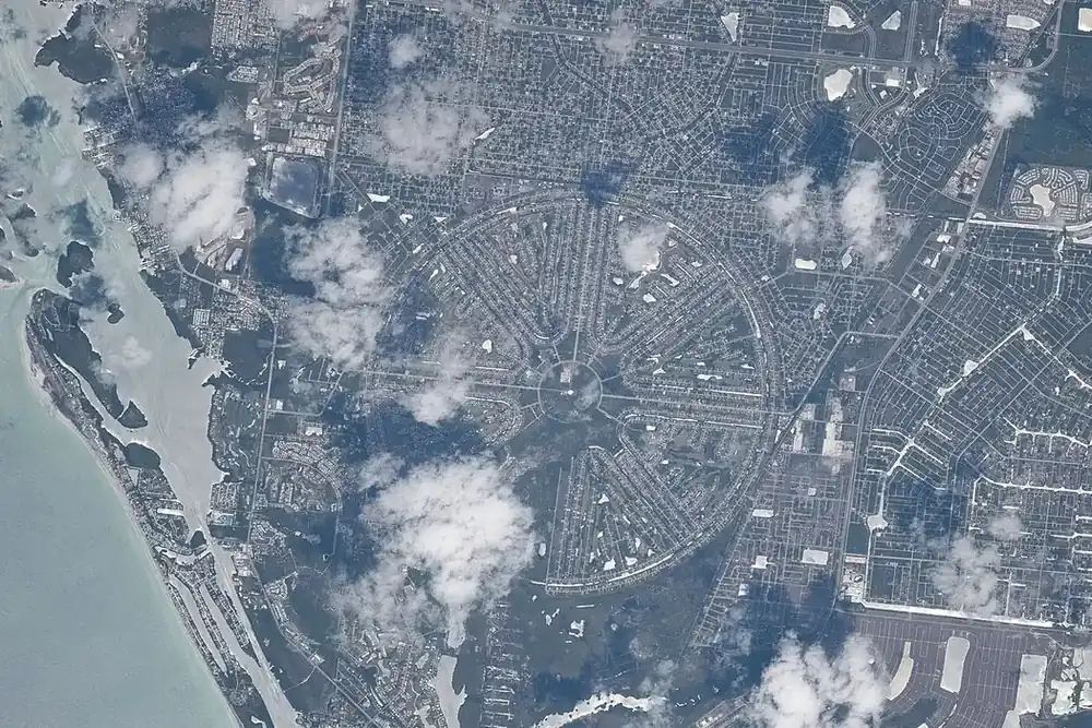 Rotonda West's circular street layout seen from the International Space Station over Charlotte County, Florida